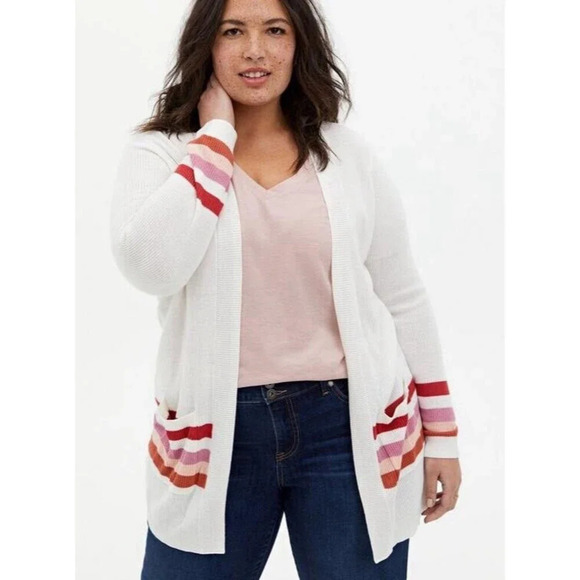 Torrid Cardigan Open Front Sweater Size 1 White Striped Pockets Long Sleeve Knit - Picture 1 of 12